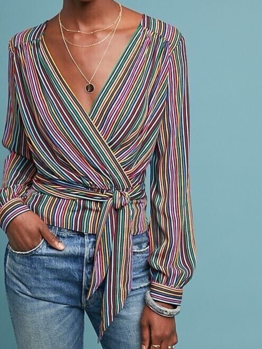Anthropologie Lisa Waist-Length Wrap-Tie Blouse Button Cuff, Multi-Color — US 2